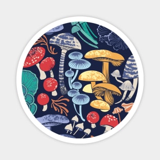 Mystical fungi // pattern // midnight blue background multicoloured wild mushrooms Magnet